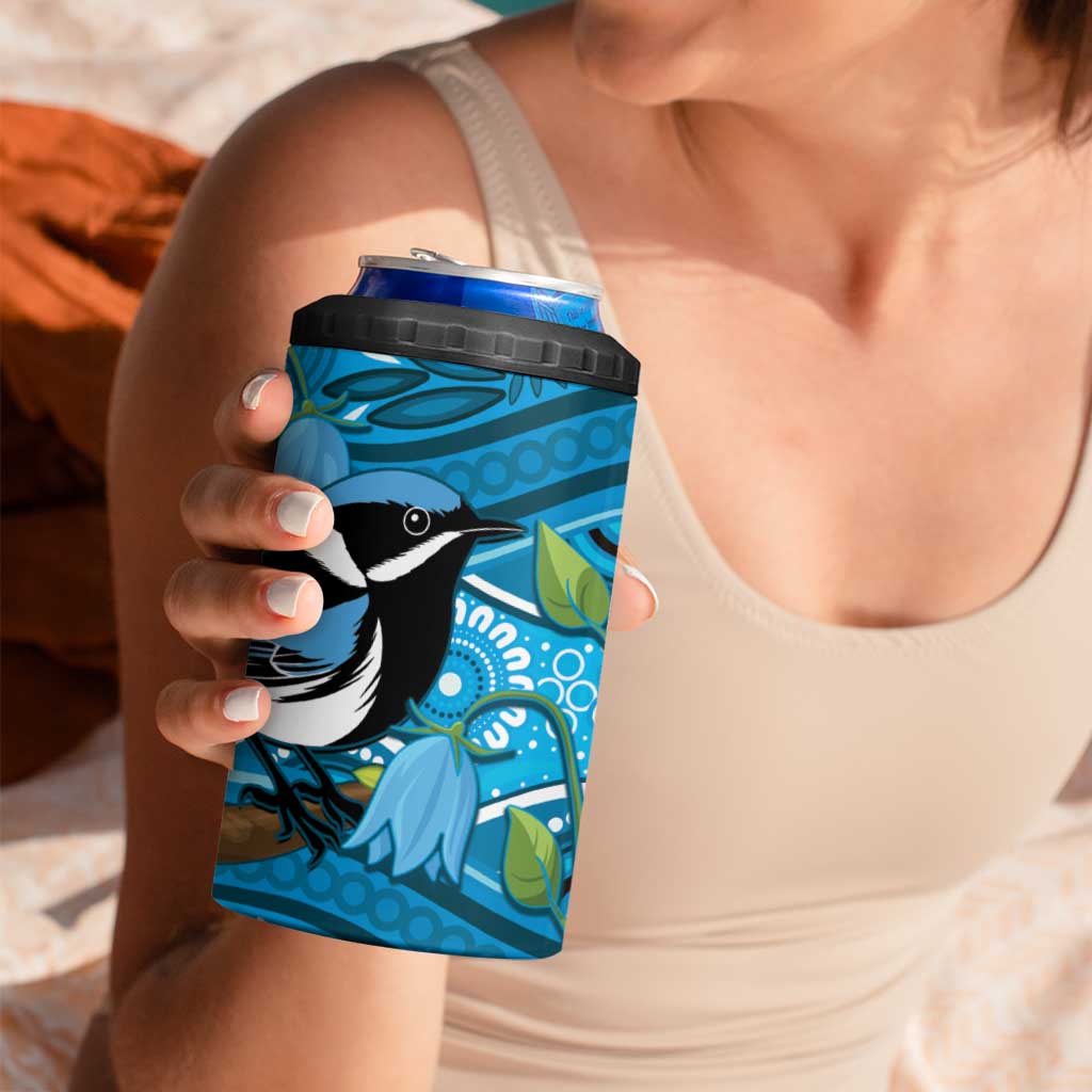 Australia Bluebell Creeper With Superb Blue Wren 4 in 1 Can Cooler Tumbler Aboriginal Art