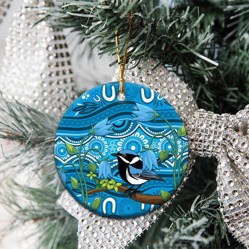 Australia Bluebell Creeper With Superb Blue Wren Ceramic Ornament Aboriginal Art - Aussie Hoodie