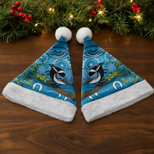 Australia Bluebell Creeper With Superb Blue Wren Christmas Santa Hat Aboriginal Art - Aussie Hoodie