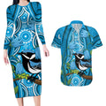 Australia Bluebell Creeper With Superb Blue Wren Couples Matching Long Sleeve Bodycon Dress and Hawaiian Shirt Aboriginal Art
