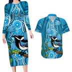 Australia Bluebell Creeper With Superb Blue Wren Couples Matching Long Sleeve Bodycon Dress and Hawaiian Shirt Aboriginal Art