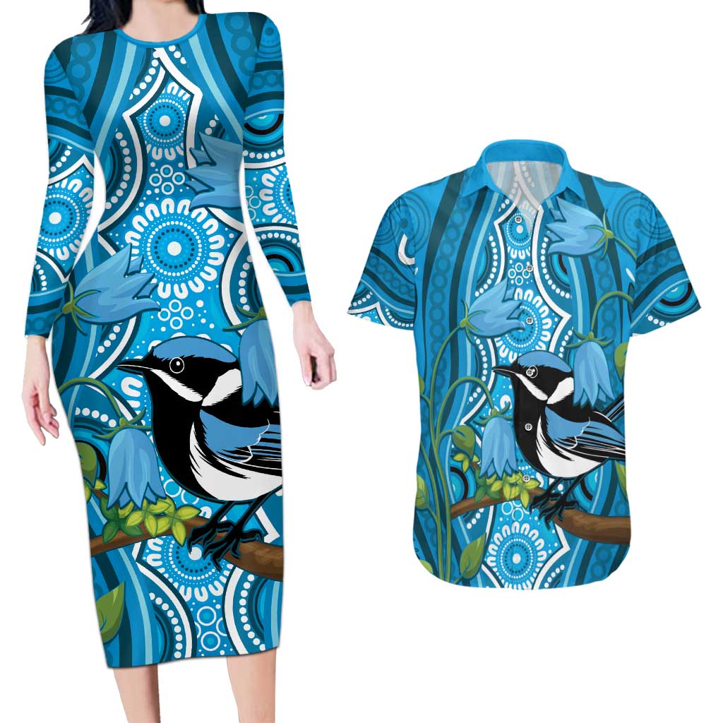Australia Bluebell Creeper With Superb Blue Wren Couples Matching Long Sleeve Bodycon Dress and Hawaiian Shirt Aboriginal Art