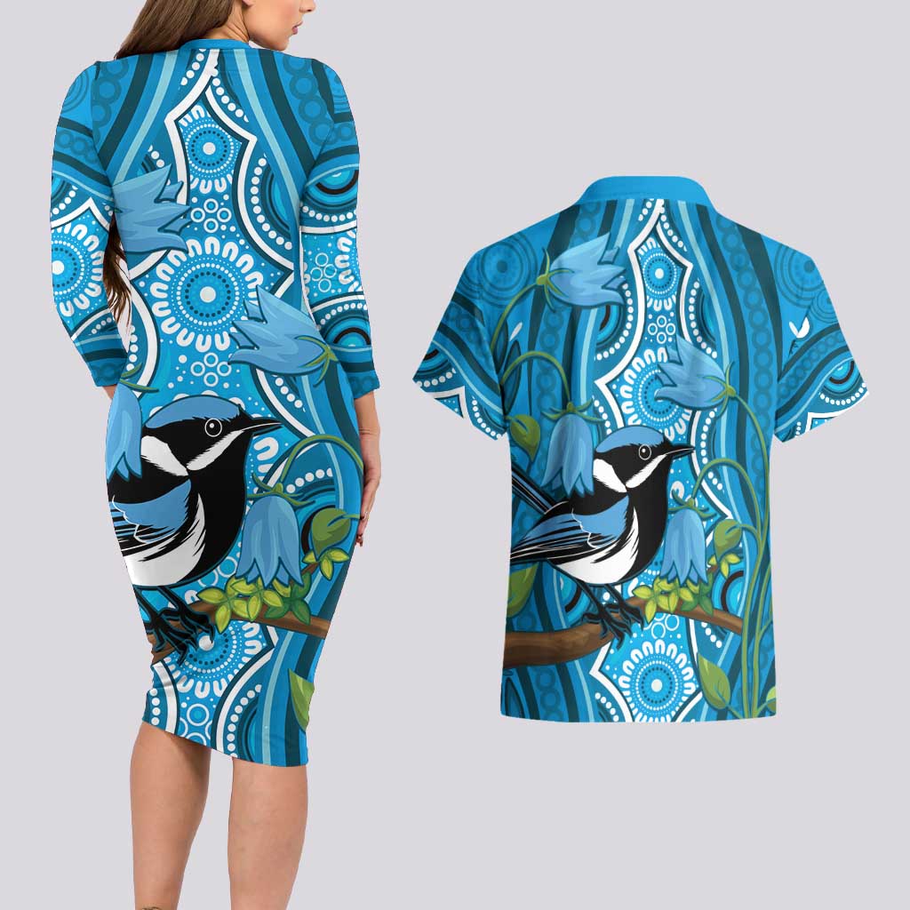 Australia Bluebell Creeper With Superb Blue Wren Couples Matching Long Sleeve Bodycon Dress and Hawaiian Shirt Aboriginal Art