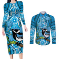 Australia Bluebell Creeper With Superb Blue Wren Couples Matching Long Sleeve Bodycon Dress and Long Sleeve Button Shirt Aboriginal Art