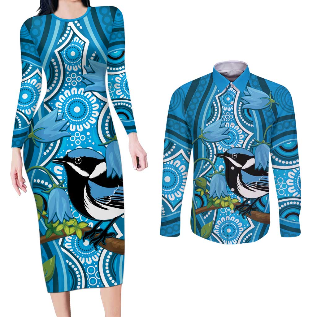 Australia Bluebell Creeper With Superb Blue Wren Couples Matching Long Sleeve Bodycon Dress and Long Sleeve Button Shirt Aboriginal Art