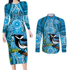 Australia Bluebell Creeper With Superb Blue Wren Couples Matching Long Sleeve Bodycon Dress and Long Sleeve Button Shirt Aboriginal Art
