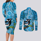 Australia Bluebell Creeper With Superb Blue Wren Couples Matching Long Sleeve Bodycon Dress and Long Sleeve Button Shirt Aboriginal Art