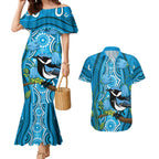 Australia Bluebell Creeper With Superb Blue Wren Couples Matching Mermaid Dress and Hawaiian Shirt Aboriginal Art
