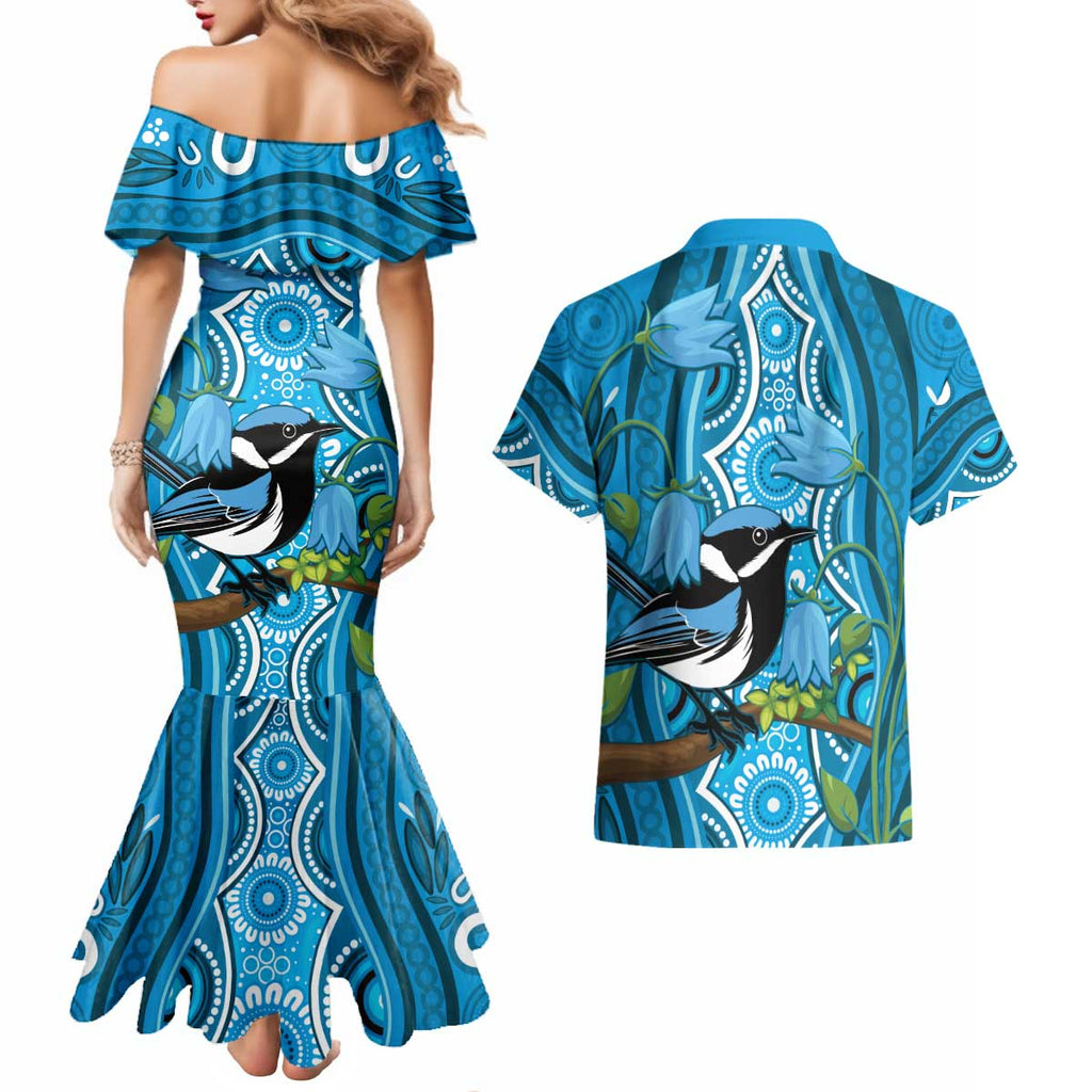 Australia Bluebell Creeper With Superb Blue Wren Couples Matching Mermaid Dress and Hawaiian Shirt Aboriginal Art
