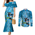 Australia Bluebell Creeper With Superb Blue Wren Couples Matching Mermaid Dress and Long Sleeve Button Shirt Aboriginal Art