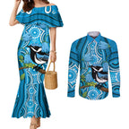 Australia Bluebell Creeper With Superb Blue Wren Couples Matching Mermaid Dress and Long Sleeve Button Shirt Aboriginal Art