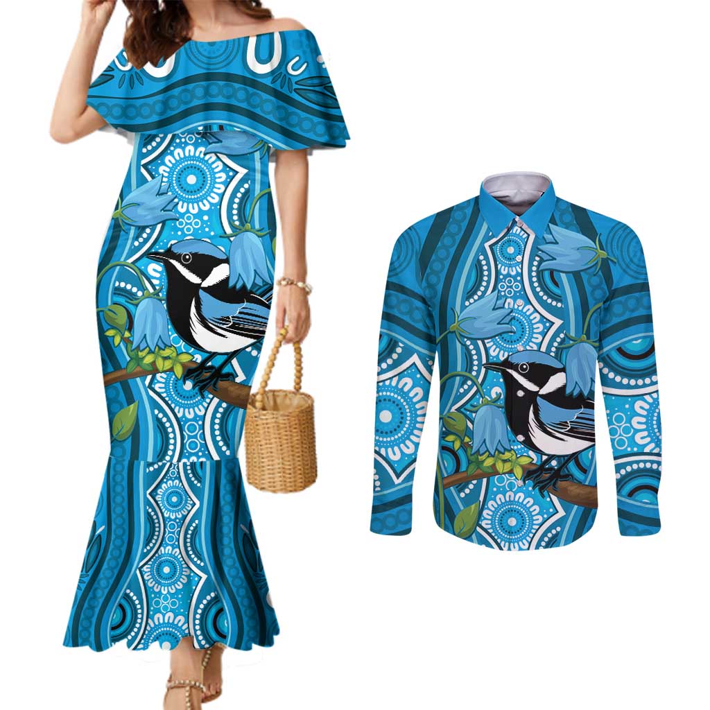 Australia Bluebell Creeper With Superb Blue Wren Couples Matching Mermaid Dress and Long Sleeve Button Shirt Aboriginal Art