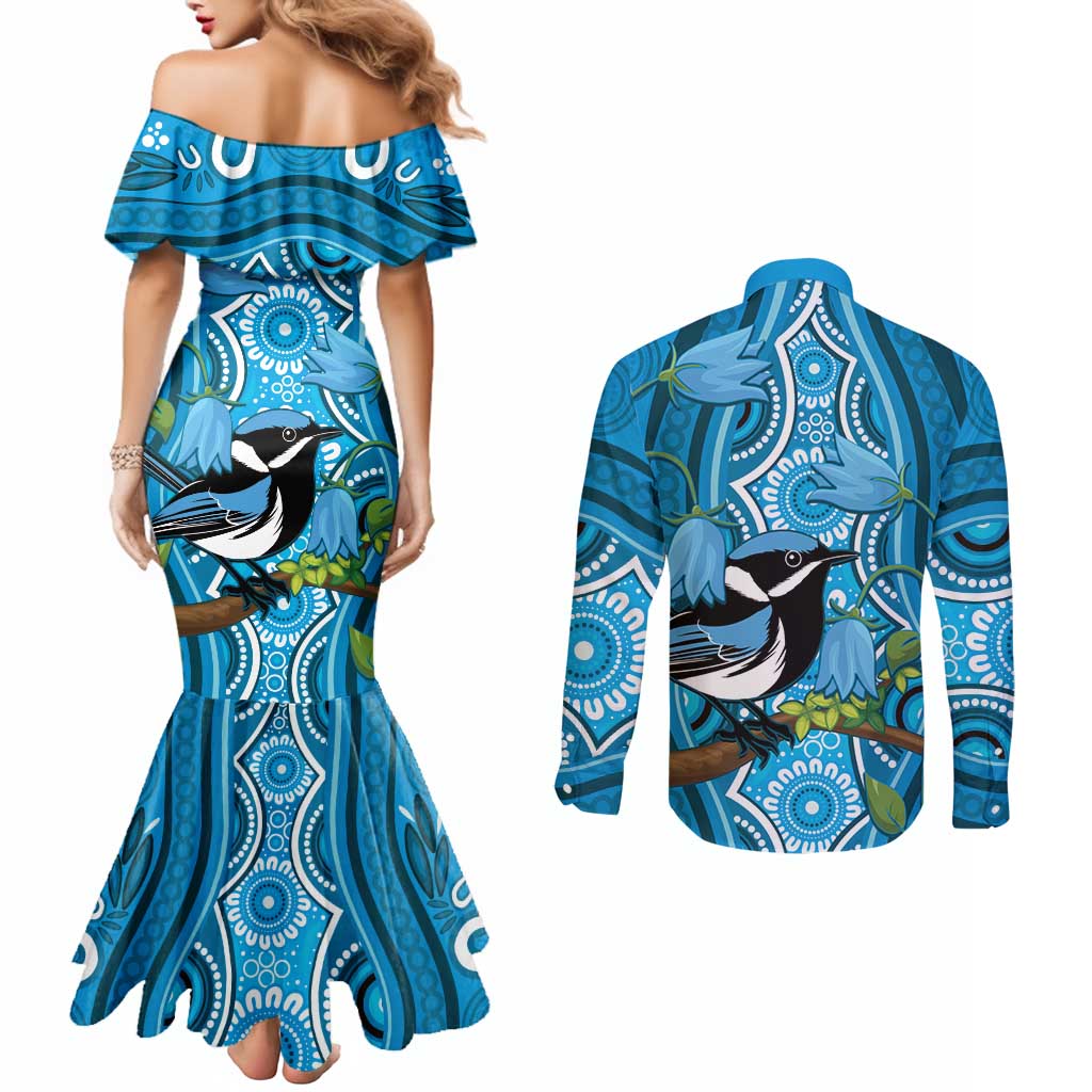 Australia Bluebell Creeper With Superb Blue Wren Couples Matching Mermaid Dress and Long Sleeve Button Shirt Aboriginal Art