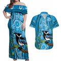 Australia Bluebell Creeper With Superb Blue Wren Couples Matching Off Shoulder Maxi Dress and Hawaiian Shirt Aboriginal Art