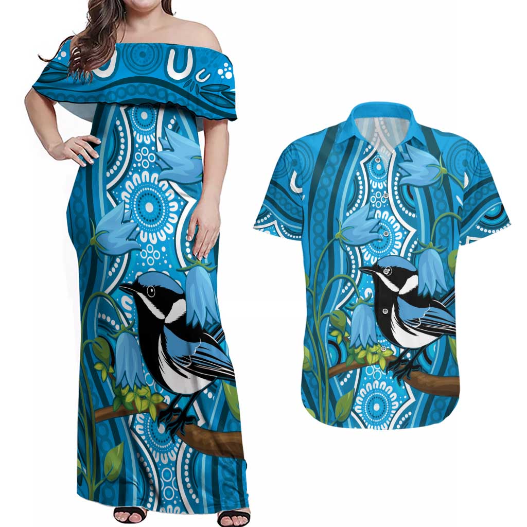Australia Bluebell Creeper With Superb Blue Wren Couples Matching Off Shoulder Maxi Dress and Hawaiian Shirt Aboriginal Art