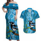 Australia Bluebell Creeper With Superb Blue Wren Couples Matching Off Shoulder Maxi Dress and Hawaiian Shirt Aboriginal Art