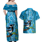 Australia Bluebell Creeper With Superb Blue Wren Couples Matching Off Shoulder Maxi Dress and Hawaiian Shirt Aboriginal Art