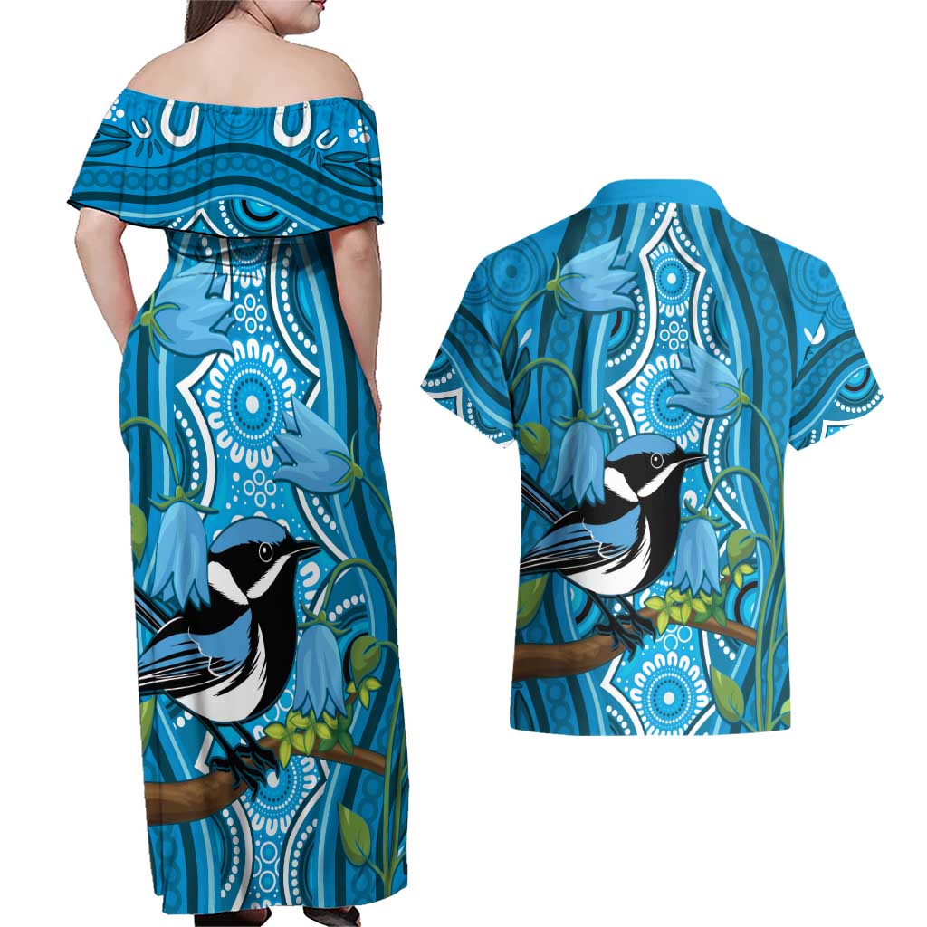 Australia Bluebell Creeper With Superb Blue Wren Couples Matching Off Shoulder Maxi Dress and Hawaiian Shirt Aboriginal Art