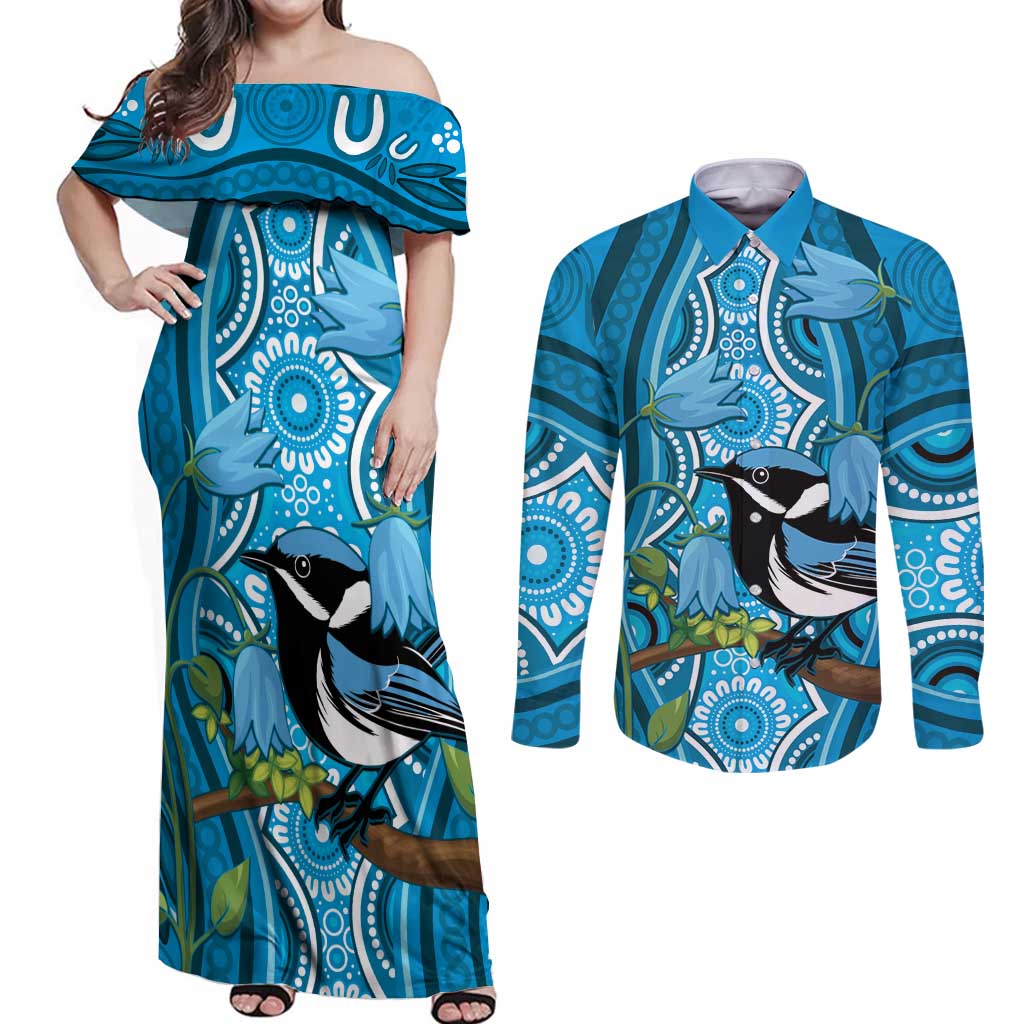 Australia Bluebell Creeper With Superb Blue Wren Couples Matching Off Shoulder Maxi Dress and Long Sleeve Button Shirt Aboriginal Art