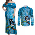 Australia Bluebell Creeper With Superb Blue Wren Couples Matching Off Shoulder Maxi Dress and Long Sleeve Button Shirt Aboriginal Art