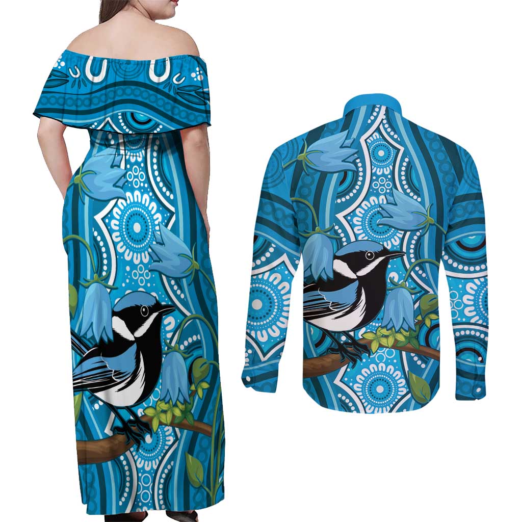 Australia Bluebell Creeper With Superb Blue Wren Couples Matching Off Shoulder Maxi Dress and Long Sleeve Button Shirt Aboriginal Art