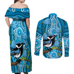 Australia Bluebell Creeper With Superb Blue Wren Couples Matching Off Shoulder Maxi Dress and Long Sleeve Button Shirt Aboriginal Art