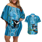 Australia Bluebell Creeper With Superb Blue Wren Couples Matching Off Shoulder Short Dress and Hawaiian Shirt Aboriginal Art