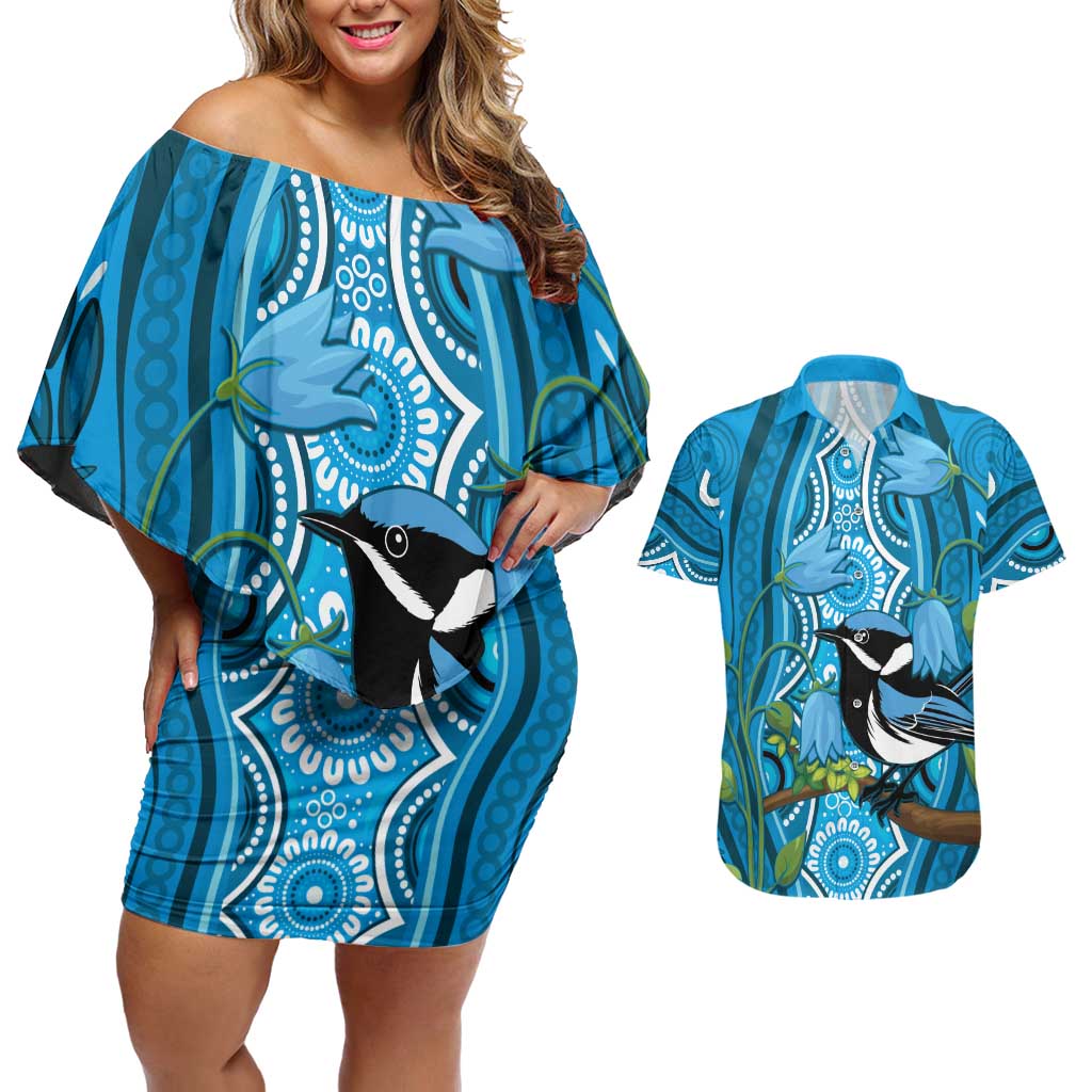 Australia Bluebell Creeper With Superb Blue Wren Couples Matching Off Shoulder Short Dress and Hawaiian Shirt Aboriginal Art