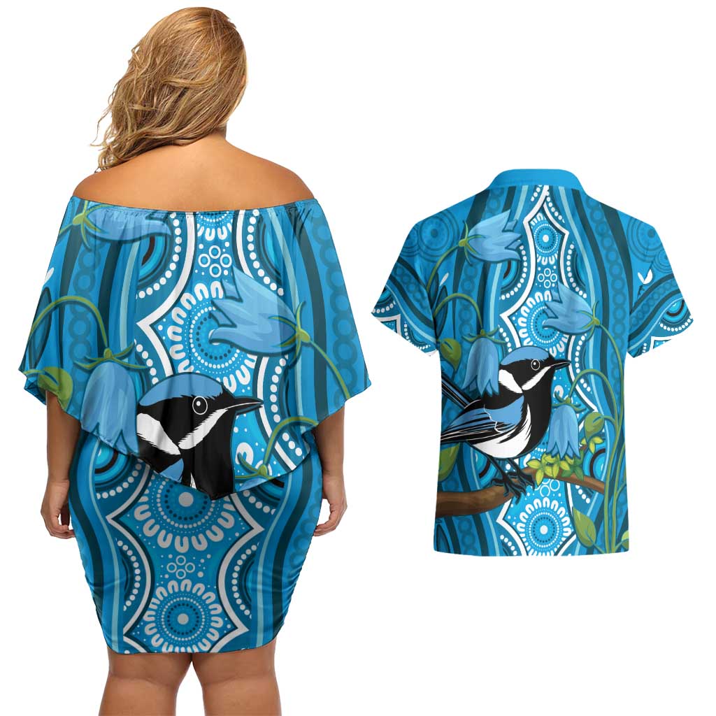 Australia Bluebell Creeper With Superb Blue Wren Couples Matching Off Shoulder Short Dress and Hawaiian Shirt Aboriginal Art