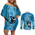 Australia Bluebell Creeper With Superb Blue Wren Couples Matching Off Shoulder Short Dress and Long Sleeve Button Shirt Aboriginal Art
