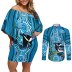 Australia Bluebell Creeper With Superb Blue Wren Couples Matching Off Shoulder Short Dress and Long Sleeve Button Shirt Aboriginal Art