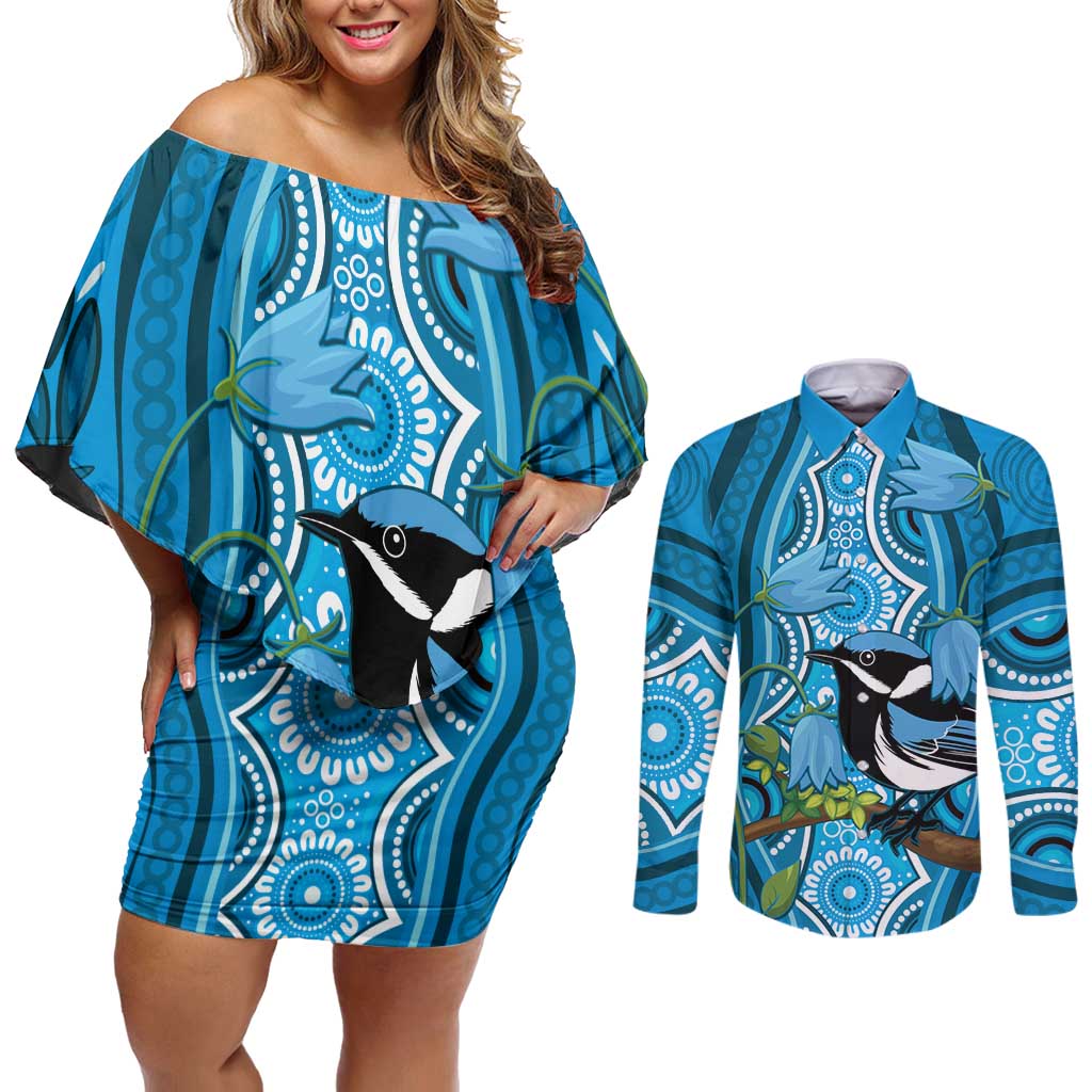 Australia Bluebell Creeper With Superb Blue Wren Couples Matching Off Shoulder Short Dress and Long Sleeve Button Shirt Aboriginal Art