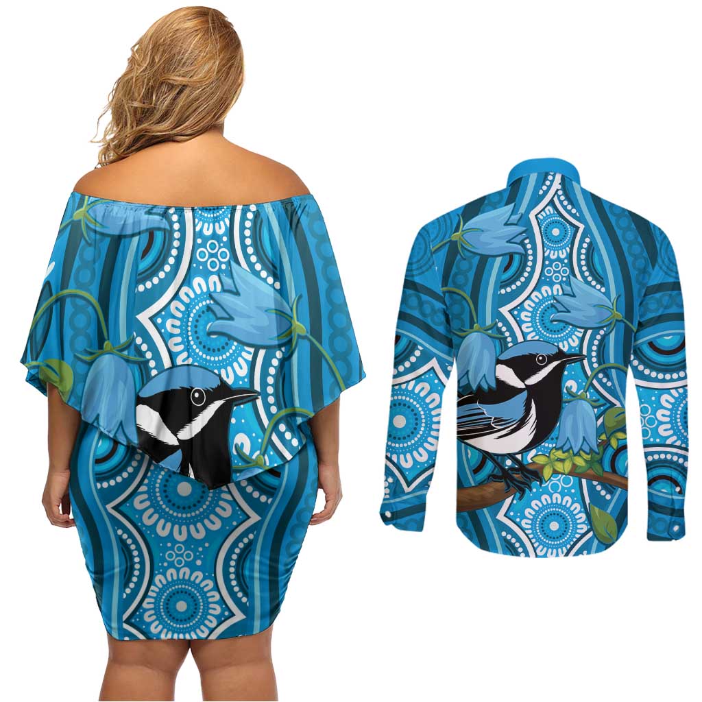Australia Bluebell Creeper With Superb Blue Wren Couples Matching Off Shoulder Short Dress and Long Sleeve Button Shirt Aboriginal Art