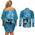 Australia Bluebell Creeper With Superb Blue Wren Couples Matching Off Shoulder Short Dress and Long Sleeve Button Shirt Aboriginal Art