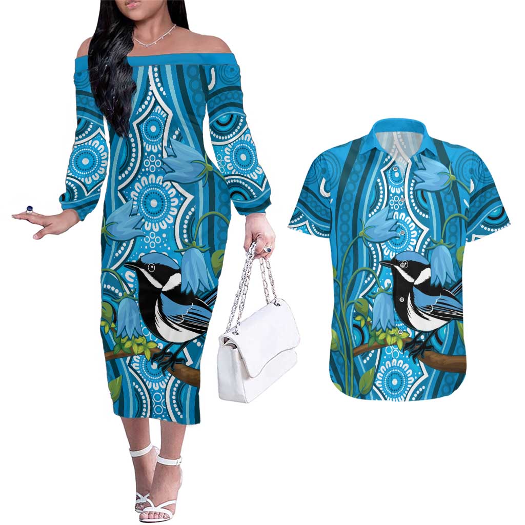 Australia Bluebell Creeper With Superb Blue Wren Couples Matching Off The Shoulder Long Sleeve Dress and Hawaiian Shirt Aboriginal Art