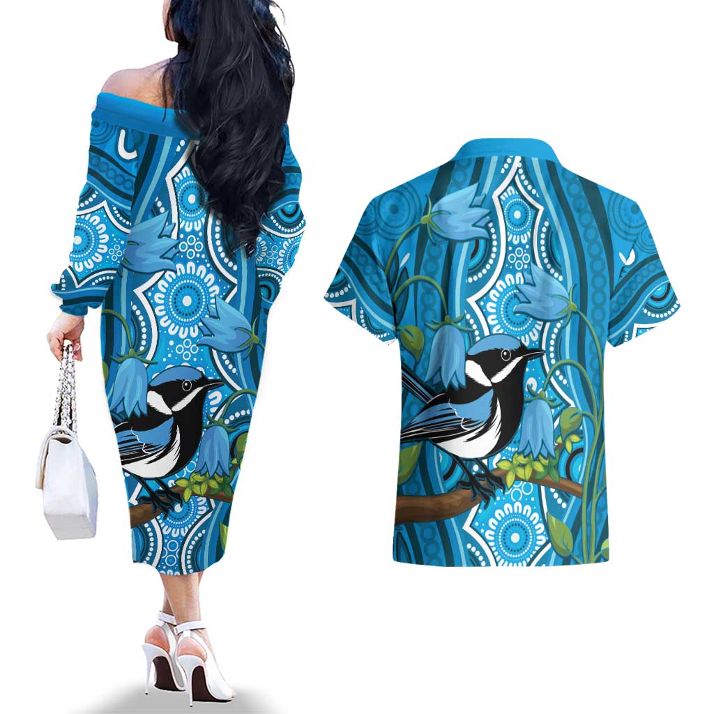 Australia Bluebell Creeper With Superb Blue Wren Couples Matching Off The Shoulder Long Sleeve Dress and Hawaiian Shirt Aboriginal Art