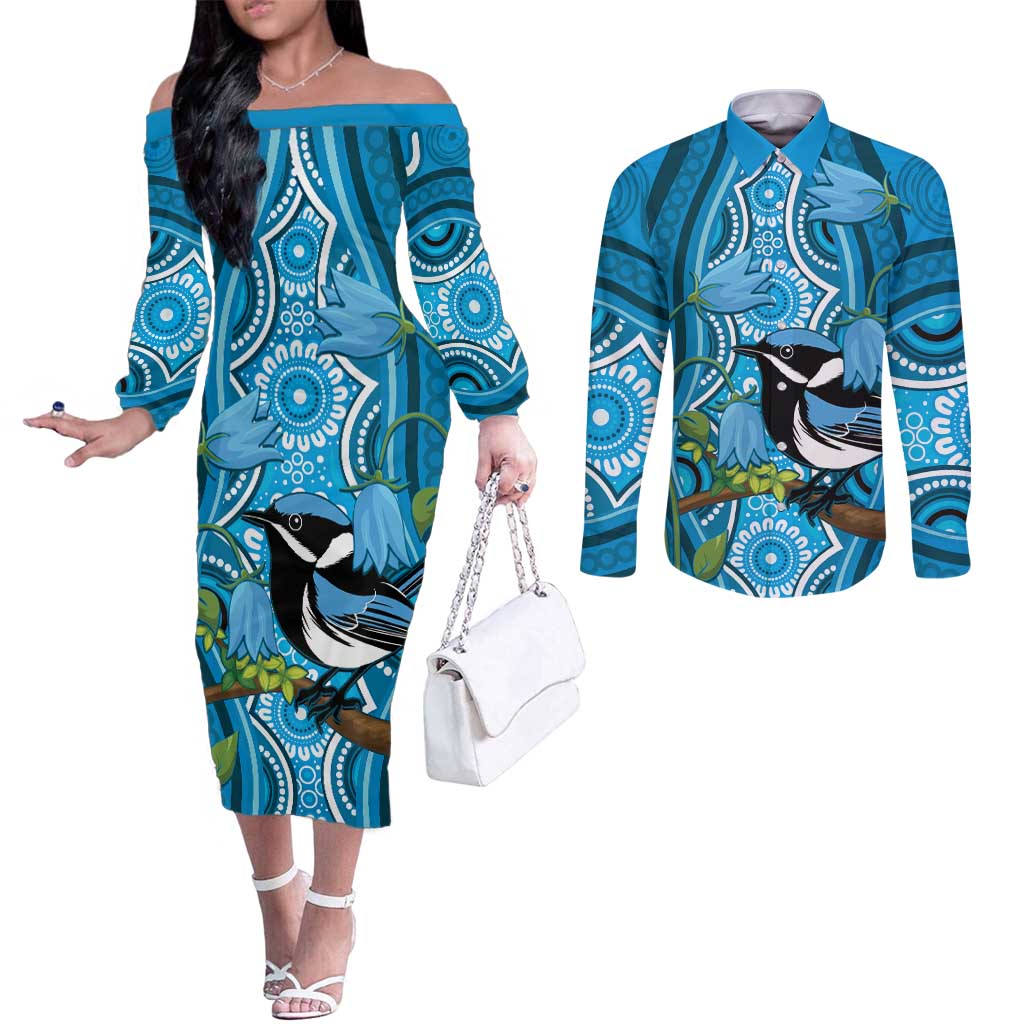 Australia Bluebell Creeper With Superb Blue Wren Couples Matching Off The Shoulder Long Sleeve Dress and Long Sleeve Button Shirt Aboriginal Art
