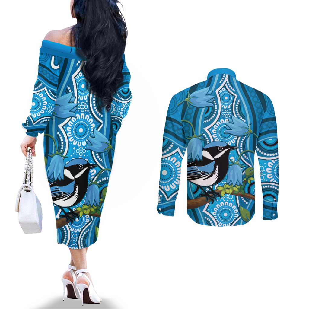 Australia Bluebell Creeper With Superb Blue Wren Couples Matching Off The Shoulder Long Sleeve Dress and Long Sleeve Button Shirt Aboriginal Art