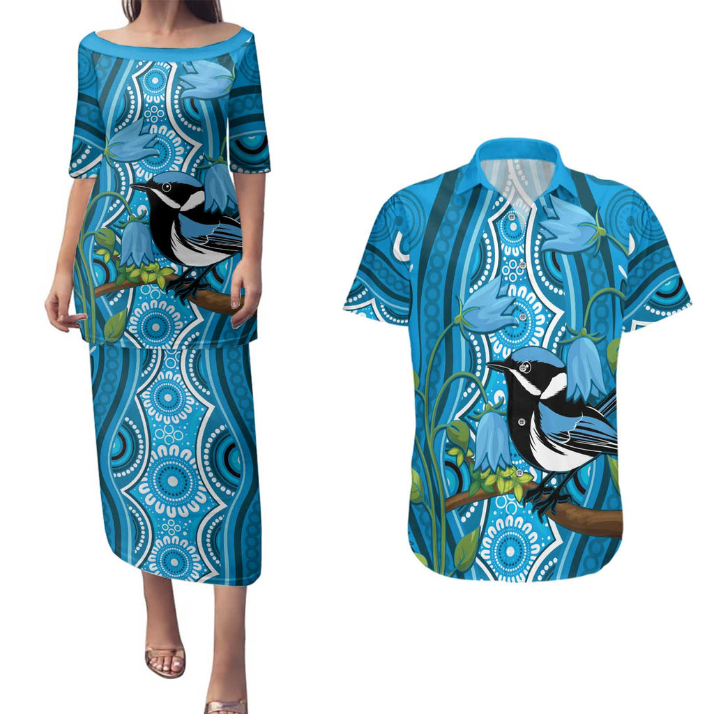 Australia Bluebell Creeper With Superb Blue Wren Couples Matching Puletasi and Hawaiian Shirt Aboriginal Art