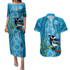 Australia Bluebell Creeper With Superb Blue Wren Couples Matching Puletasi and Hawaiian Shirt Aboriginal Art