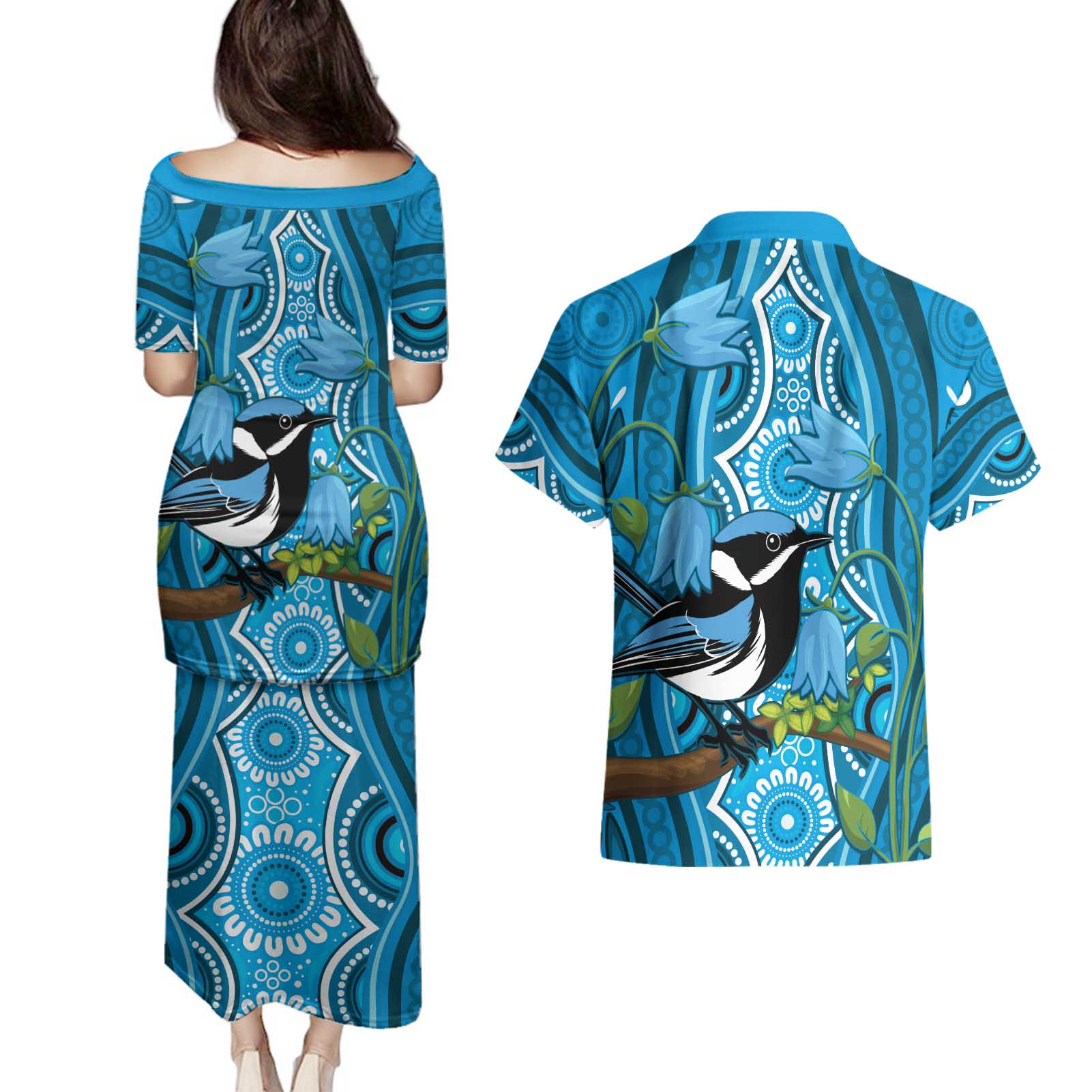 Australia Bluebell Creeper With Superb Blue Wren Couples Matching Puletasi and Hawaiian Shirt Aboriginal Art