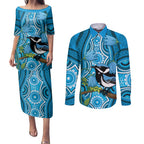 Australia Bluebell Creeper With Superb Blue Wren Couples Matching Puletasi and Long Sleeve Button Shirt Aboriginal Art