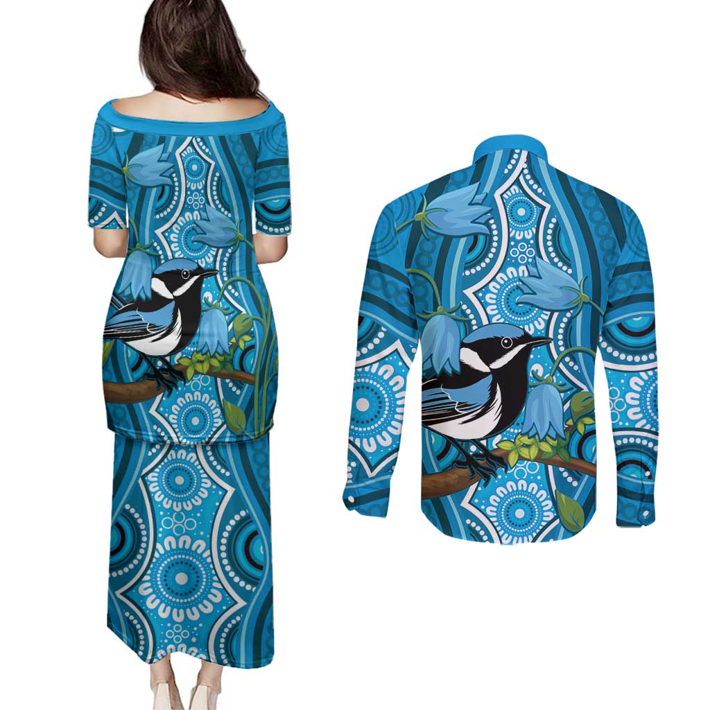 Australia Bluebell Creeper With Superb Blue Wren Couples Matching Puletasi and Long Sleeve Button Shirt Aboriginal Art