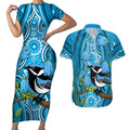 Australia Bluebell Creeper With Superb Blue Wren Couples Matching Short Sleeve Bodycon Dress and Hawaiian Shirt Aboriginal Art