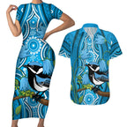 Australia Bluebell Creeper With Superb Blue Wren Couples Matching Short Sleeve Bodycon Dress and Hawaiian Shirt Aboriginal Art