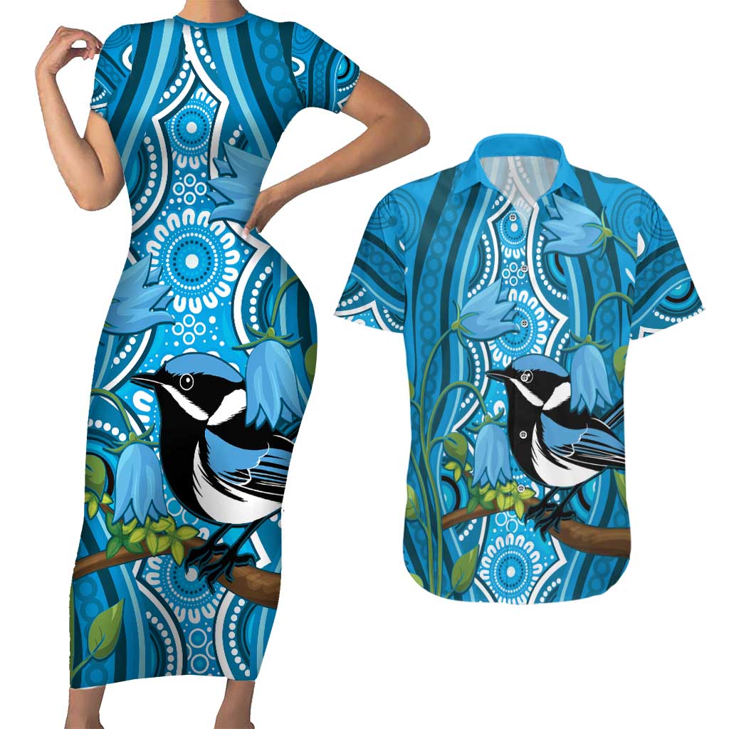 Australia Bluebell Creeper With Superb Blue Wren Couples Matching Short Sleeve Bodycon Dress and Hawaiian Shirt Aboriginal Art