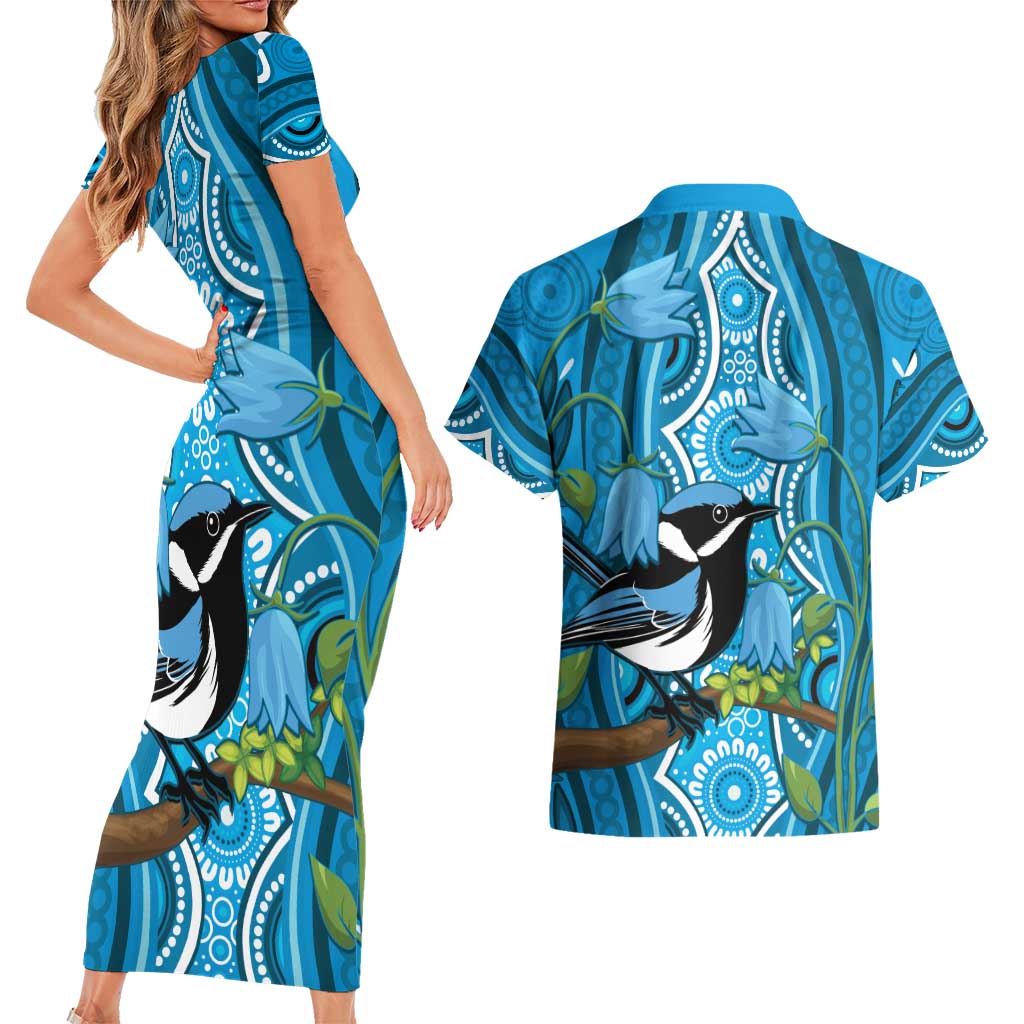 Australia Bluebell Creeper With Superb Blue Wren Couples Matching Short Sleeve Bodycon Dress and Hawaiian Shirt Aboriginal Art