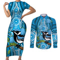 Australia Bluebell Creeper With Superb Blue Wren Couples Matching Short Sleeve Bodycon Dress and Long Sleeve Button Shirt Aboriginal Art