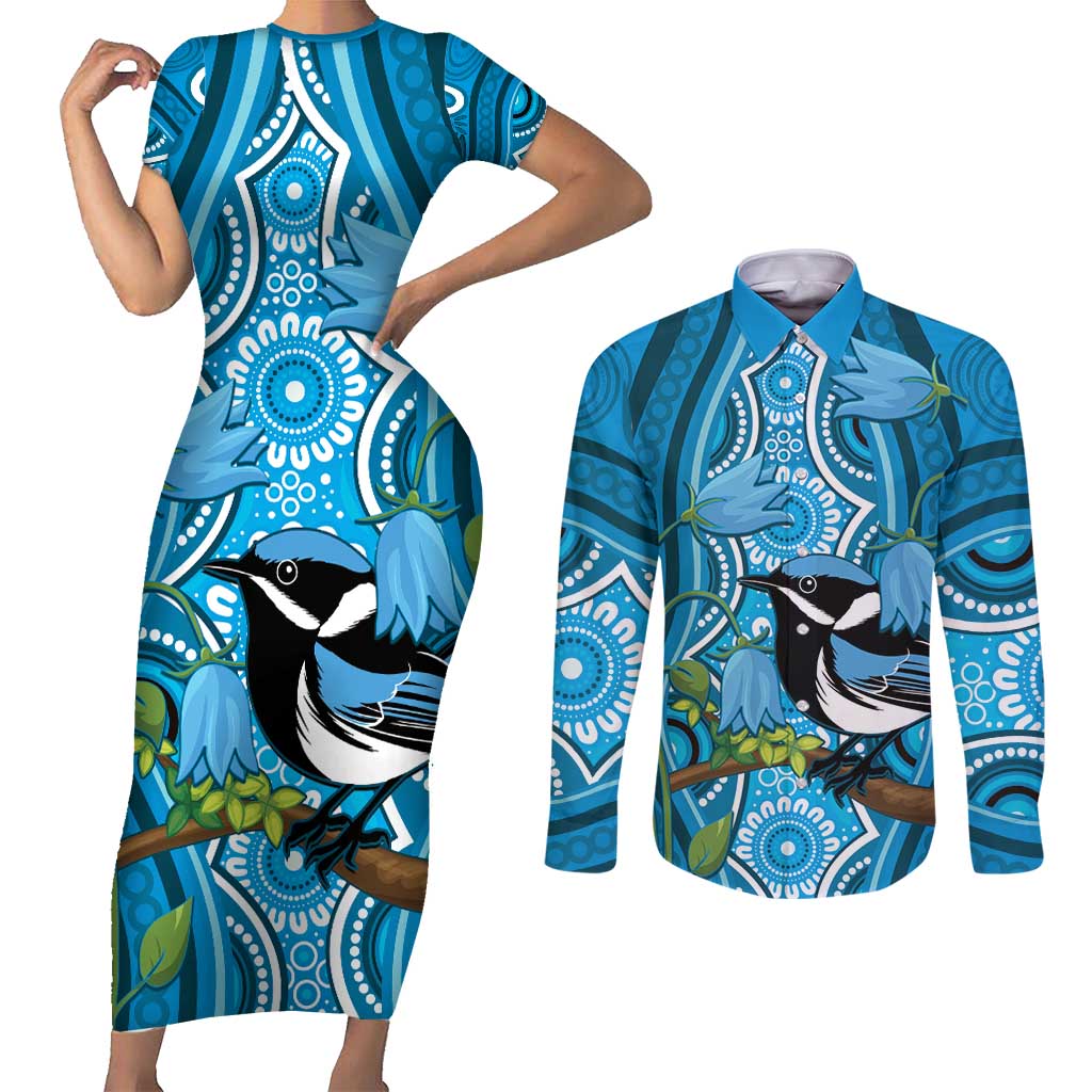 Australia Bluebell Creeper With Superb Blue Wren Couples Matching Short Sleeve Bodycon Dress and Long Sleeve Button Shirt Aboriginal Art