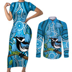 Australia Bluebell Creeper With Superb Blue Wren Couples Matching Short Sleeve Bodycon Dress and Long Sleeve Button Shirt Aboriginal Art